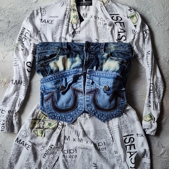 Designer Corset Sexy Top Upcycled Denim Distressed Fabric Boho Shabby Chic - Picture 12 of 14